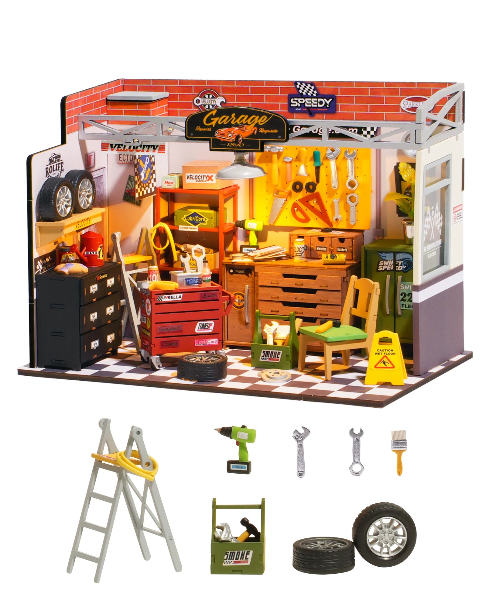 Robotime Rolife DIY Miniature Garage Workshop Dollhouse Kit – Wooden Craft with LED Light, Decorative Gift for Kids